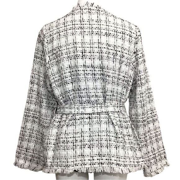 Doe & Rae White Tweed Wrap Coat Blazer Self Tie Belt Fringe New Size Large - Picture 2 of 7